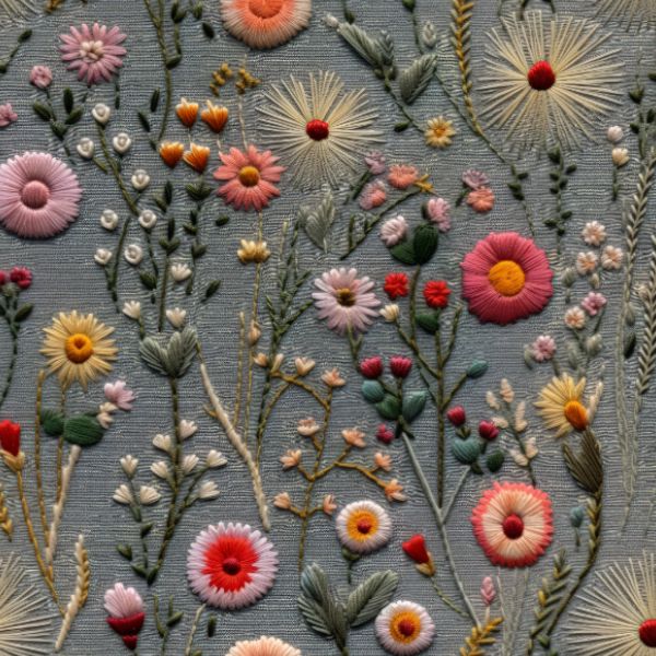 Fluwelen elastiek band met print 4 cm imitatie borduurwerk weidebloemen Antonia grijs