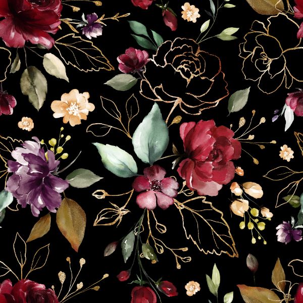 Paneel met patroon voor softshell jas motief gouden bloemen zwart maat 140