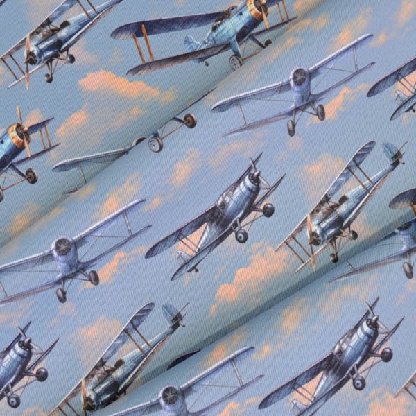 Paneel speelgoeddoos / regenjasstof gewatteerd blauwe retro vliegtuigen
