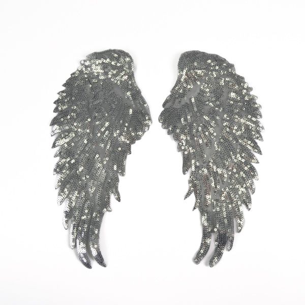 Opstrijkbare applicatie glitter vleugels 33,5 cm zilver