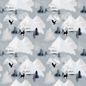 Polyester Thermo Tricot / Jersey geruwd besneeuwde bergen grijs