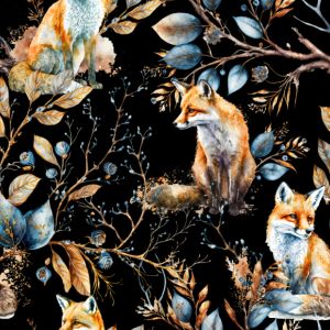 Polyester Tricot / Jersey voor t-shirts vos tussen takken zwart
