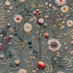 Polyester gabardine/ Rongo imitatie borduurwerk weidebloemen Antonia grijs