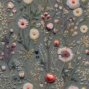 Kunstleer met print imitatie borduurwerk weidebloemen Antonia grijs 700 gr