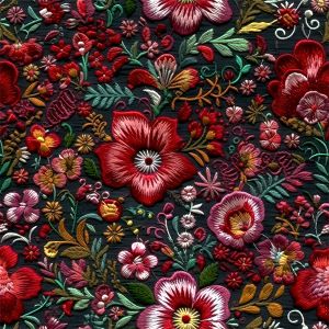 Polyester gabardine / Rongo imitatie Spaanse borduurwerk rode bloemen