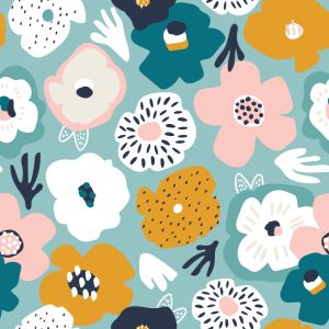 Kunstleer met print vrolijke bloemen - groot patroon