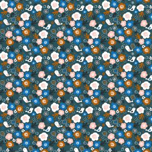 Polyester Tricot / Jersey voor t-shirts vogels tussen bloemen donkerblauw - mini stofstaal