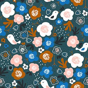 Polyester Tricot / Jersey voor t-shirts vogels tussen bloemen donkerblauw