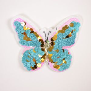 Opstrijkbare applicatie glitter vlinder blauw