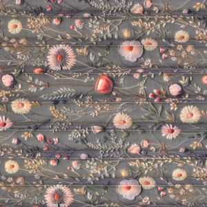 Plissé polyester gabardine / rongo imitatie borduurwerk weidebloemen Antonia grijs