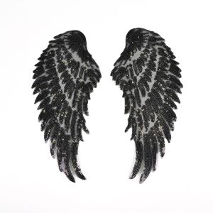 Opstrijkbare applicatie glitter vleugels 33,5 cm zwart