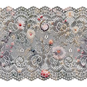 Kant elastisch 15cm met print imitatie borduurwerk weidebloemen Antonia grijs